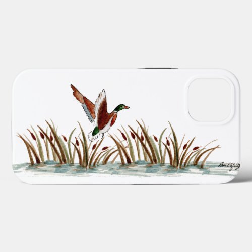 Mallard Duck Over Cattails Against a White Sky Cas iPhone 13 Case