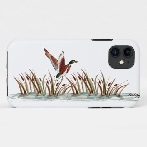 Mallard Duck Over Cattails Against a White Sky iPhone 11 Case