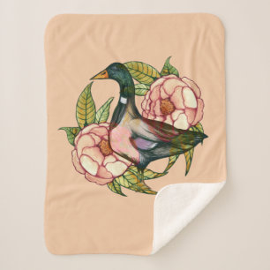 Mallard Duck Peony Nature Lovers Sherpa Blanket