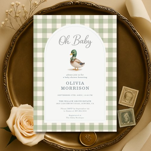 Mallard Duck Sage green Gingham or plaid baby shower invitation