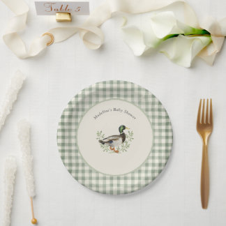 Mallard Duck Sage Green Gingham Baby Shower Paper Plates