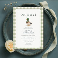 Mallard Duck Sage Green Oh Boy Gingham Baby Shower