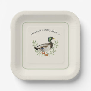 Mallard Duck Sage Green Vintage Baby Shower Paper Plates