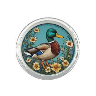 Mallard Duck Surrounded by Vibrant Flowers in a Sc Ring