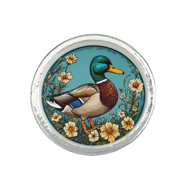 Mallard Duck Surrounded by Vibrant Flowers in a Sc Ring (Front)