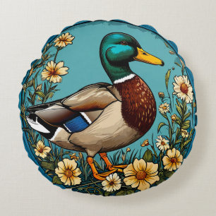 Mallard Duck Surrounded by Vibrant Flowers in a Sc Round Pillow