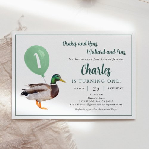 Mallard Duck Theme 1st Birthday Party  Invitation