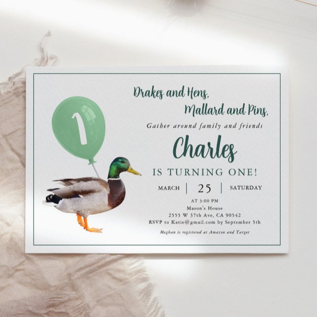 Mallard Duck Theme 1st Birthday Party  Invitation (Creator Uploaded)