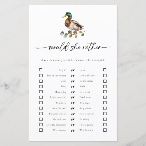 Mallard Duck Would She Rather Baby Shower Game