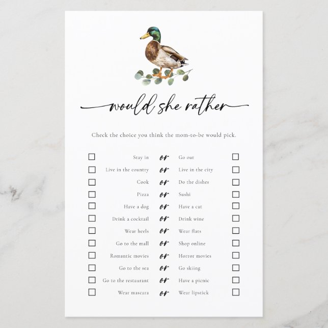 Mallard Duck Would She Rather Baby Shower Game (Front)