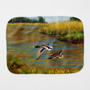 Mallard Ducks Flying Over Pond Baby Burp Cloth