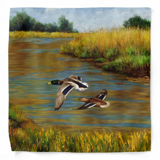 Mallard Ducks Flying Over Pond Bandana