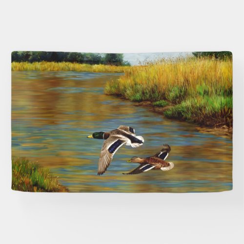 Mallard Ducks Flying Over Pond Banner