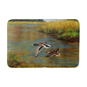 Mallard Ducks Flying Over Pond Bath Mat