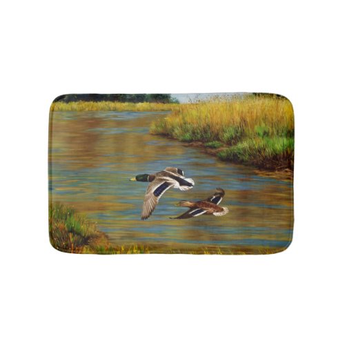 Mallard Ducks Flying Over Pond Bath Mat