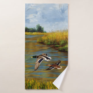 Mallard Ducks Flying Over Pond Bath Towel Set