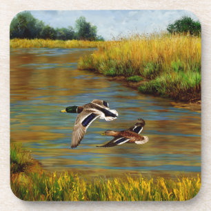 Mallard Ducks Flying Over Pond Beverage Coaster