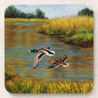 Mallard Ducks Flying Over Pond Beverage Coaster