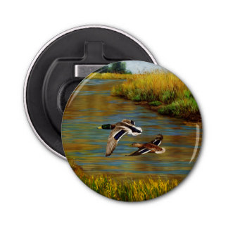 Mallard Ducks Flying Over Pond Bottle Opener