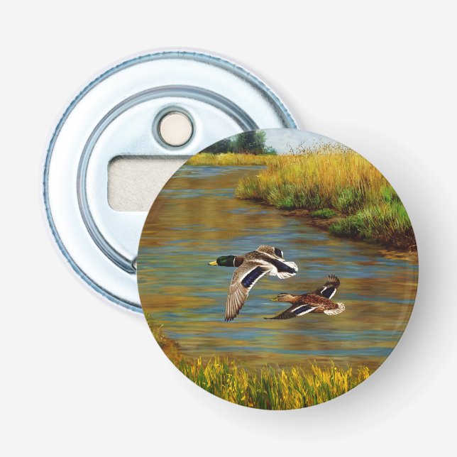 Mallard Ducks Flying Over Pond Bottle Opener (Front)