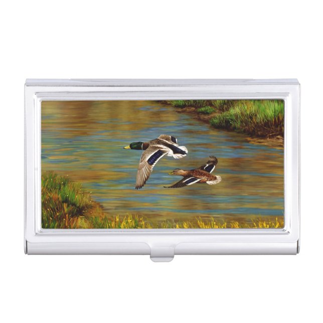 Mallard Ducks Flying Over Pond Business Card Case (Front)