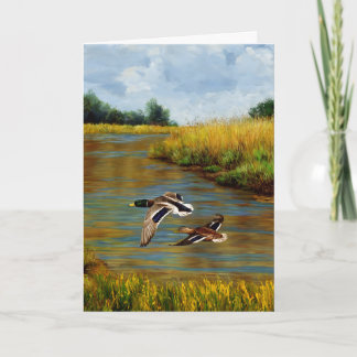 Mallard Ducks Flying Over Pond Card