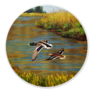Mallard Ducks Flying Over Pond Ceramic Knob