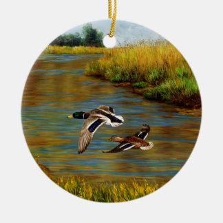 Mallard Ducks Flying Over Pond Ceramic Ornament