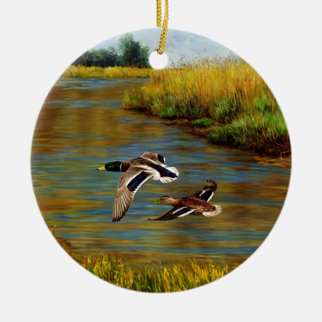 Mallard Ducks Flying Over Pond Ceramic Ornament (Front)