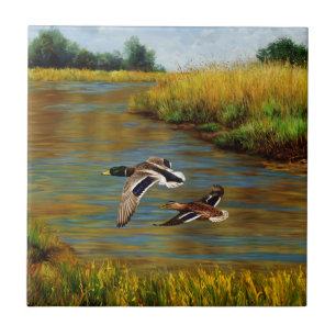 Mallard Ducks Flying Over Pond Ceramic Tile