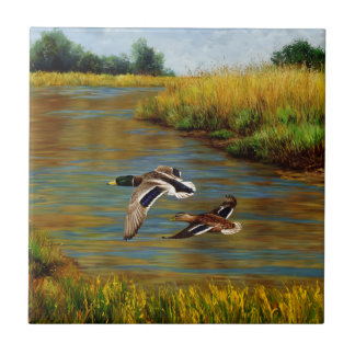 Mallard Ducks Flying Over Pond Ceramic Tile