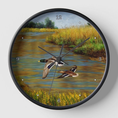 Mallard Ducks Flying Over Pond Clock