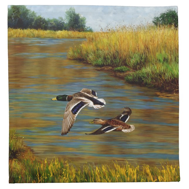 Mallard Ducks Flying Over Pond Cloth Napkin (Front)