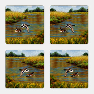 Mallard Ducks Flying Over Pond Coaster Set