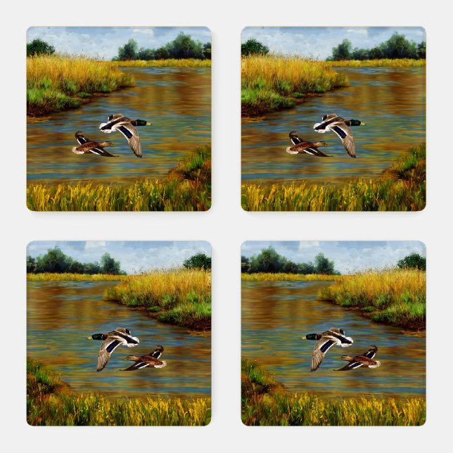 Mallard Ducks Flying Over Pond Coaster Set (Set)