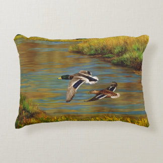 Mallard Ducks Flying Over Pond Decorative Pillow