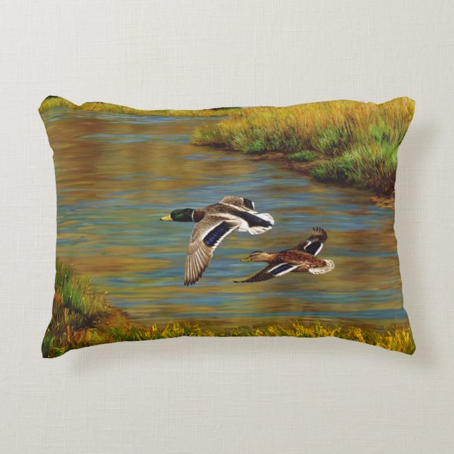 Mallard Ducks Flying Over Pond Decorative Pillow (Front)