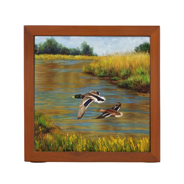 Mallard Ducks Flying Over Pond Desk Organizer (Front)