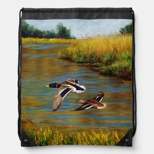 Mallard Ducks Flying Over Pond Drawstring Bag (Front)