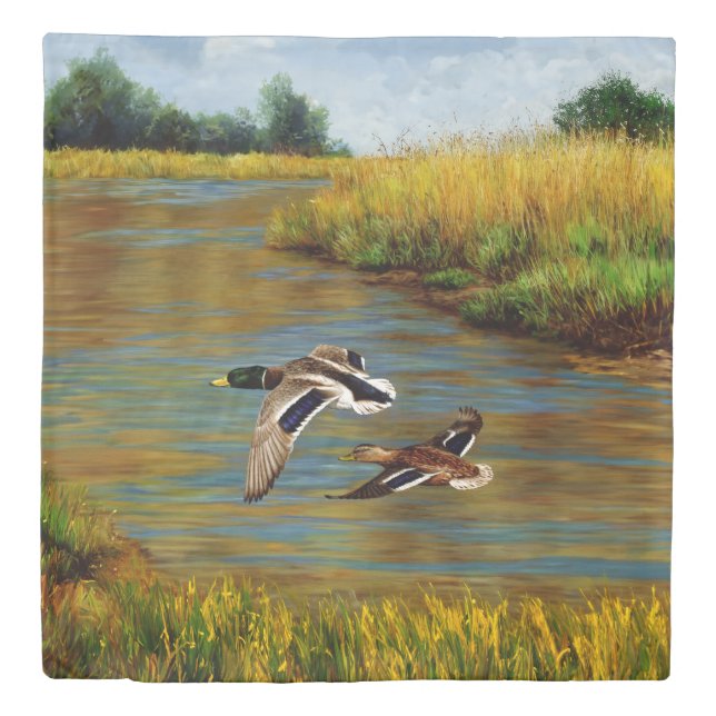 Mallard Ducks Flying Over Pond Duvet Cover (Front)