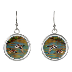 Mallard Ducks Flying Over Pond Earrings