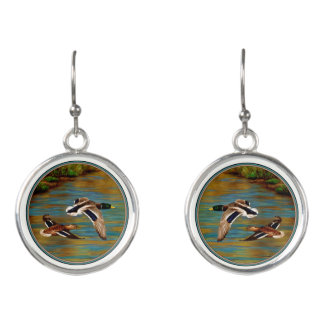 Mallard Ducks Flying Over Pond Earrings