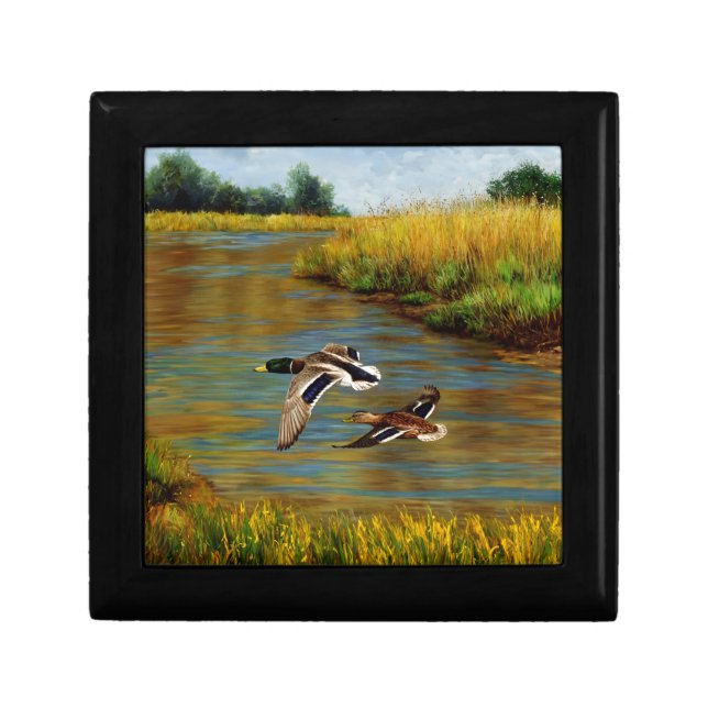 Mallard Ducks Flying Over Pond Gift Box (Front)