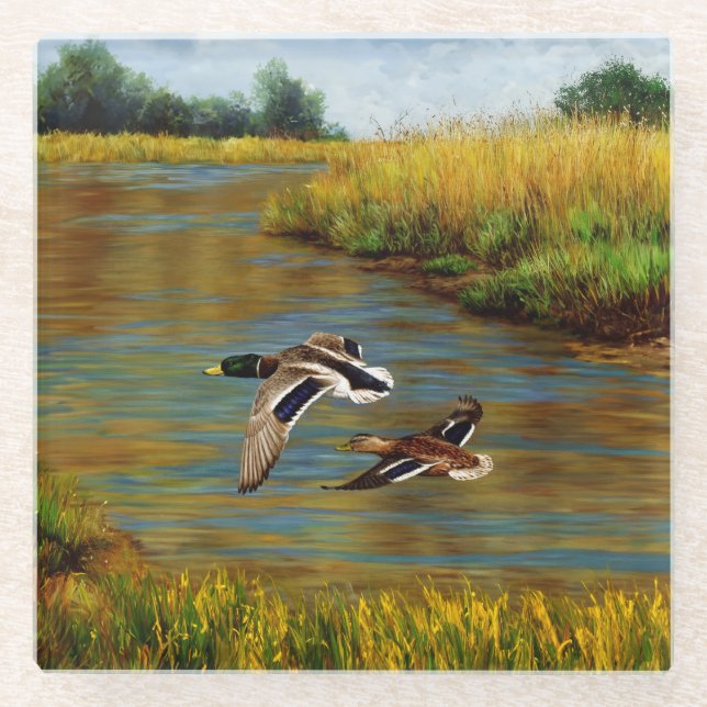 Mallard Ducks Flying Over Pond Glass Coaster (Front)