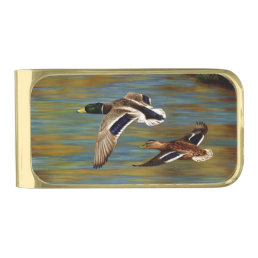 Mallard Ducks Flying Over Pond Gold Finish Money Clip