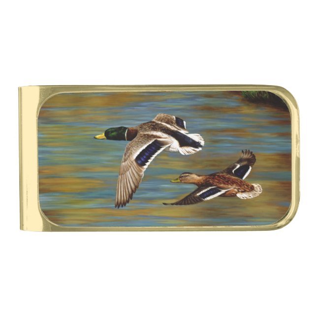 Mallard Ducks Flying Over Pond Gold Finish Money Clip (Front)