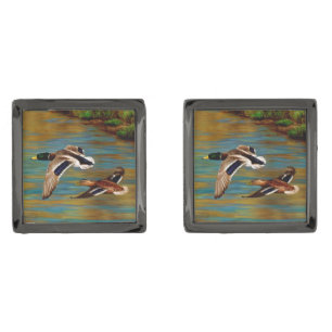 Mallard Ducks Flying Over Pond Gunmetal Finish Cufflinks