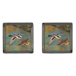 Mallard Ducks Flying Over Pond Gunmetal Finish Cufflinks