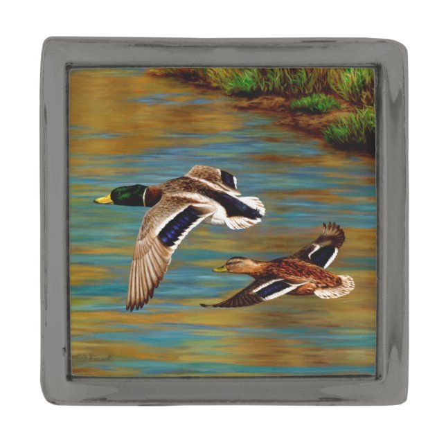 Mallard Ducks Flying Over Pond Gunmetal Finish Lapel Pin (Front)