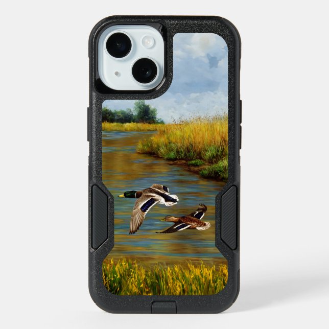 Mallard Ducks Flying Over Pond iPhone 15 Case (Back)